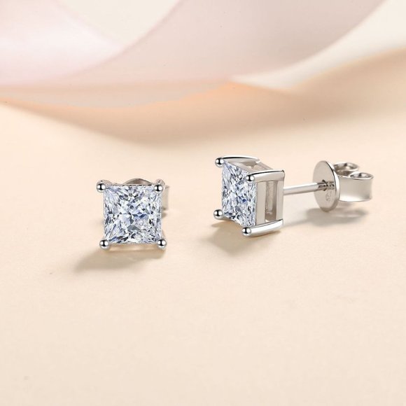 Certified 4ct. t.w. Moissanite Diamond Princess Cut Stud Earrings NEW - Picture 9 of 13